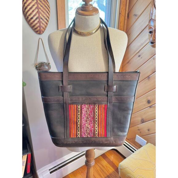 Vintage Bohemian Leather Kilim Rug Woven Tote Bag - Picture 1 of 10